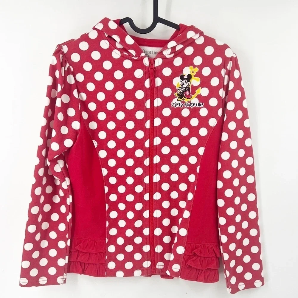 ✅ Disney Cruise Lines Girls Minnie Mouse Red White Polka Dot Hoodie Jacket LARGE
